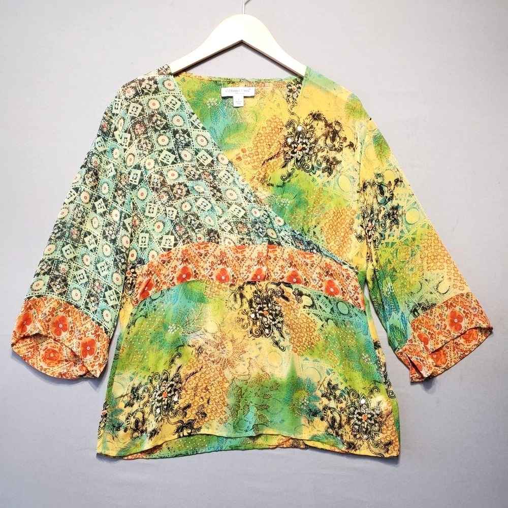 Coldwater Creek 100% Silk Patchwork Sequin Top Womens S Green Boho Artsy Coastal